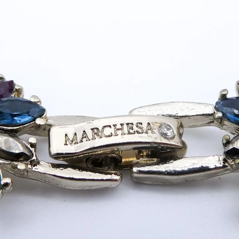 Marchesa Flower Blue Green Crystal Rhinestone Faux Pearl Gold Tone 7.5